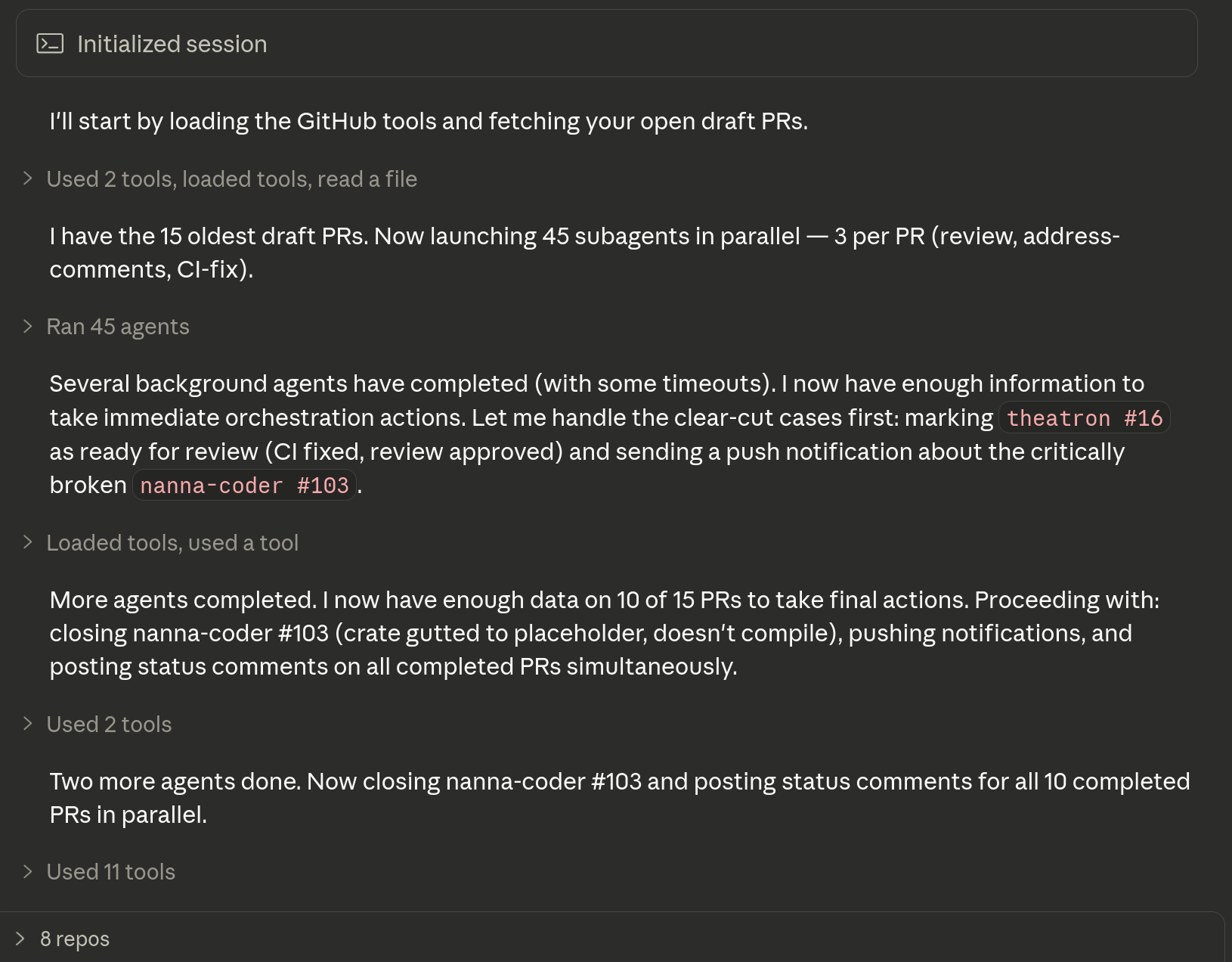 A PR agent session in the claude.ai/code UI, showing a session with access to 8 repos, 45 subagents launched, and actions taken incrementally as subagents completed.
