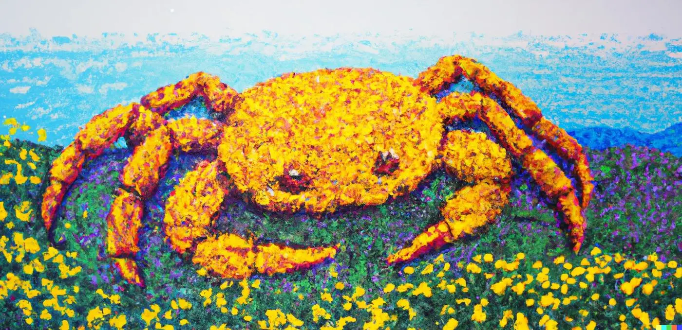 une crabe peint avec des grandes touches de jaune, orange, et des traces de rouge se rÃ©pose sur un champs des fleurs violettes et encore jaunes sous un ciel bleu clair et blanc