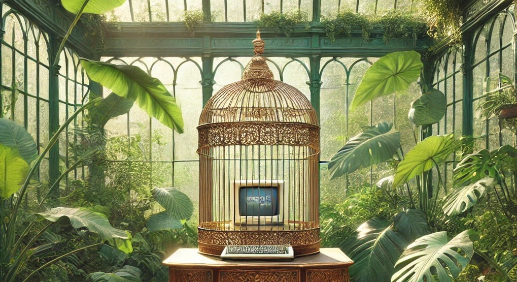 a computer locked within a birdcage